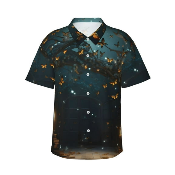 Fotbe Magical Library Butterfly Night Hawaiian Shirt for Men Unisex Summer Beach Casual Short Sleeve Cotton Linen Button Down Shirts-XX-Large