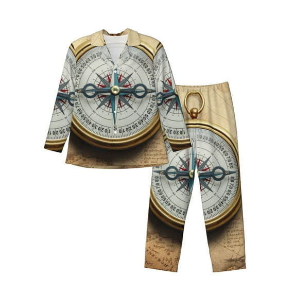 Fotbe Magnetic Old Compass On World Map Pattern Long Sleeve Pajama Set for Men,Sleepwear Set,2-piece Loungewear Set,Soft PJs Comfy Nightwear with Pockets-Medium