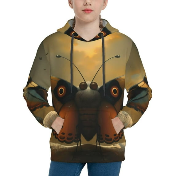Fotbe Majestic Butterfly Sunset Pattern Youth Pullover Hooded Sweatshirt, Boys Hoodie, Kangaroo Pocket Hoodie for Kids Girls -Medium