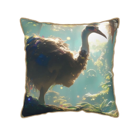 Fotbe Majestic Ostrich In Forest Pattern Velvet Decorative Throw Pillow Covers with Elegant Piping, Soft Plush Cushion Cover for Sofa, Bed, Car, Office-16"x16"