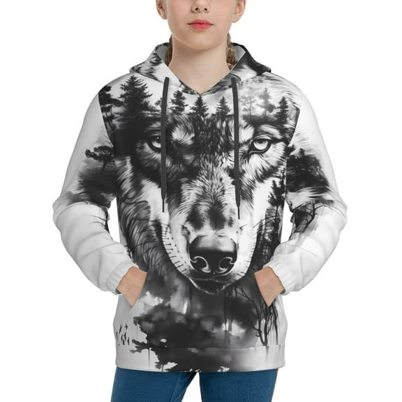 Fotbe Majestic Wolf Landscape Pattern Youth Pullover Hooded Sweatshirt, Boys Hoodie, Kangaroo Pocket Hoodie for Kids Girls -Small
