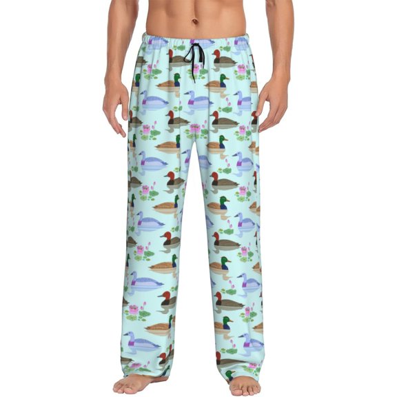 Fotbe Mallard Duck Of Lotus Flowers Men's Pajama Pants,Sleepwear Pants,Pj Bottoms Drawstring And Pockets-XX-Large