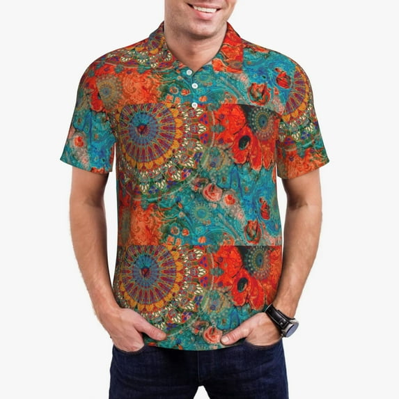 Fotbe Mandala Colorful Pattern Men’s Golf Polo Shirt – Breathable Performance Golf Shirt with Button-Down Collar-X-Large
