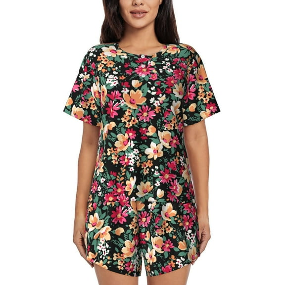 Fotbe Many Kind Of Flowers Print Pajama Set for Women 2 Piece Loungewear Short Sleeve Tops and Shorts Set Soft Sleepwear-Small