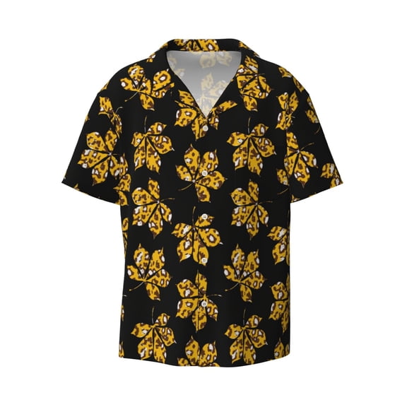 Fotbe Maple Leaves With Leopard print Short Sleeve Button Down Shirts for Men Casual Summer Beach Wrinkle Free Shirt-Large