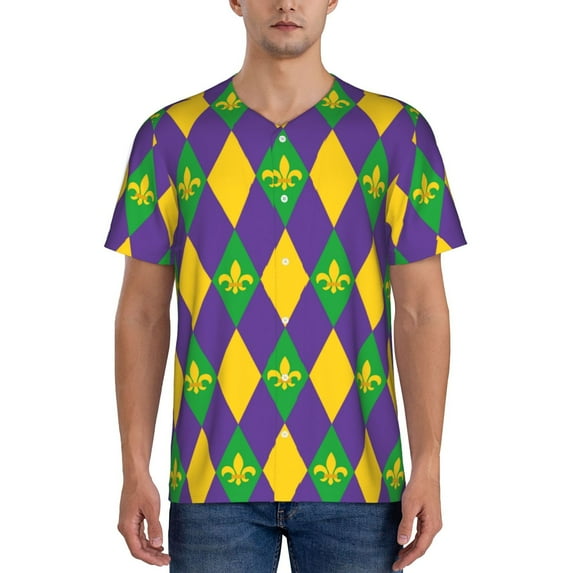 Fotbe Mardi Gras Baseball Jersey Shirt for Men and Women, Casual Short Sleeves Button Down T-Shirt-Small