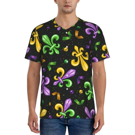 Fotbe Mardi Gras Carnival4 Baseball Jersey Shirt for Men and Women, Casual Short Sleeves Button Down T-Shirt-Small