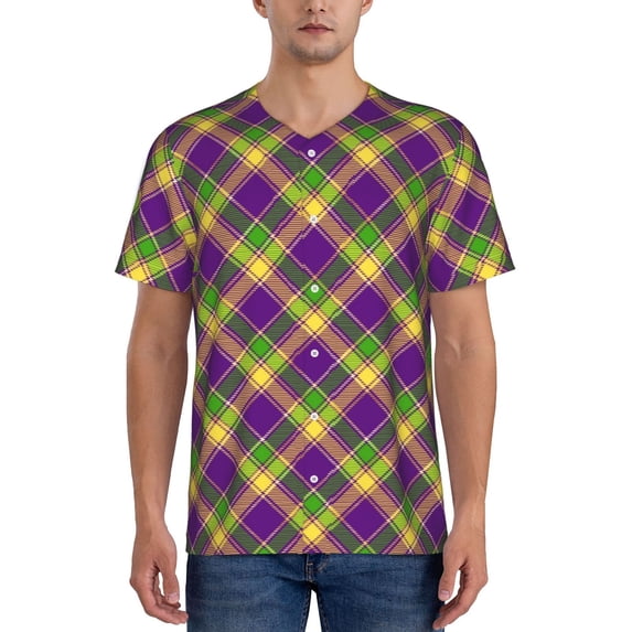 Fotbe Mardi Gras Plaid Baseball Jersey Shirt for Men and Women, Casual Short Sleeves Button Down T-Shirt-Small