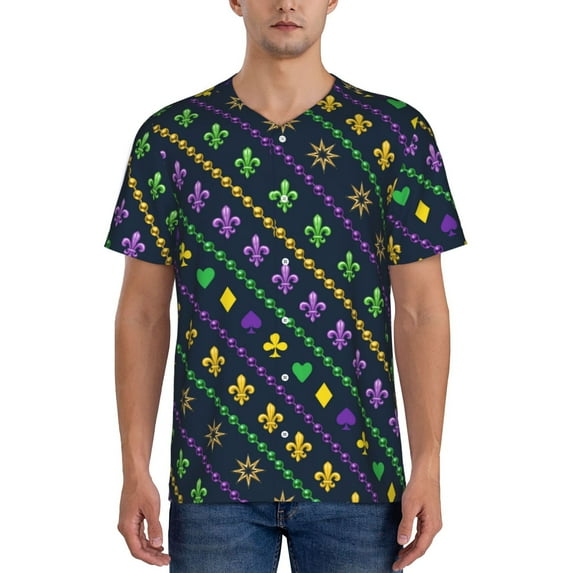 Fotbe Mardi Gras Strings of Beads Baseball Jersey Shirt for Men and Women, Casual Short Sleeves Button Down T-Shirt-XX-Large