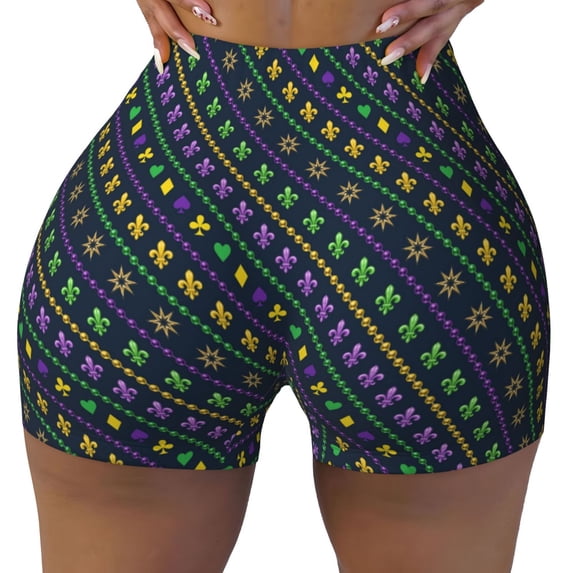 Fotbe Mardi Gras Strings of Beads Seamless Shorts, Womens Workout Shorts High Waist Stretch Booty Short for Gym/Yoga/Running/Biking-Medium