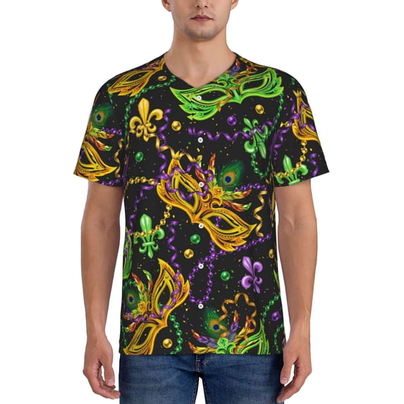 Fotbe Mardi Gras Surface Baseball Jersey Shirt for Men and Women, Casual Short Sleeves Button Down T-Shirt-3X-Large