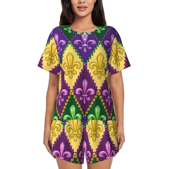 Fotbe Mardi Gras4 Print Pajama Set for Women 2 Piece Loungewear Short Sleeve Tops and Shorts Set Soft Sleepwear-Large