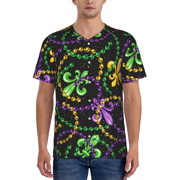 Fotbe Mardi Gras6 Baseball Jersey Shirt for Men and Women, Casual Short Sleeves Button Down T-Shirt-Small