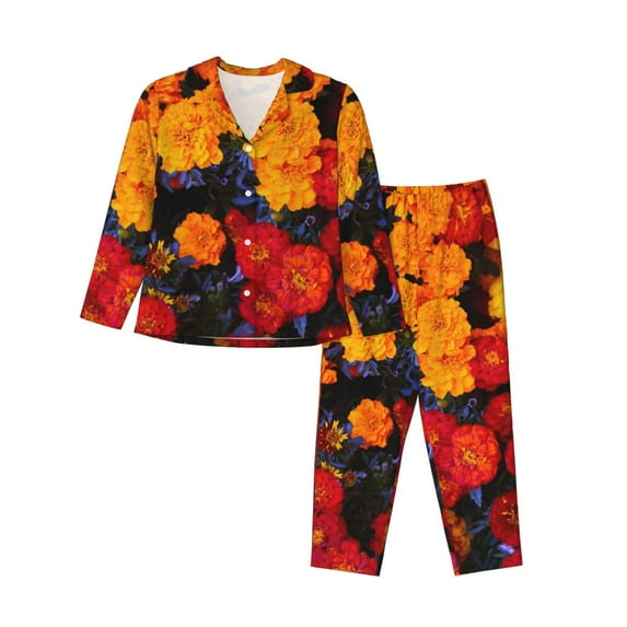 Fotbe Marigold Flowers In Different Colors Pattern Long Sleeve Pajama Set for Women,Sleepwear Set,2-piece Loungewear Set,Soft PJs Comfy Nightwear with Pockets -Medium