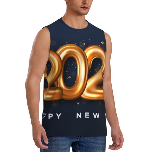 Fotbe Men's 2025 Happy New Year 6 Print Men's Sleeveless Muscle Tank Tops Casual T-Shirts for Gym Workout Beach-X-Large