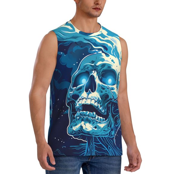 Fotbe Men's Abstract Blue Skull Print Men's Sleeveless Muscle Tank Tops Casual T-Shirts for Gym Workout Beach-Medium