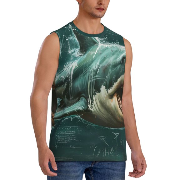 Fotbe Men's Abstract Geometric Shark Print Men's Sleeveless Muscle Tank Tops Casual T-Shirts for Gym Workout Beach-XX-Large