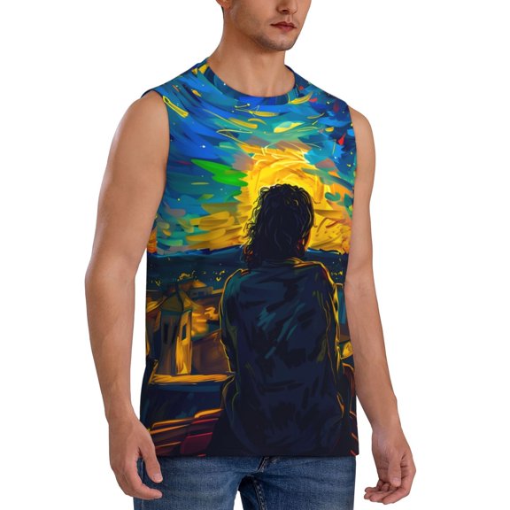 Fotbe Men's Abstract Starry Sky Print Men's Sleeveless Muscle Tank Tops Casual T-Shirts for Gym Workout Beach-XX-Large