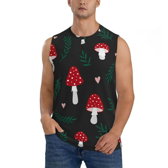 Fotbe Men's Amanita Mushroom Print Men's Sleeveless Muscle Tank Tops Casual T-Shirts for Gym Workout Beach-3X-Large