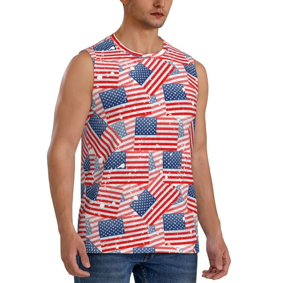 Fotbe Men's America Flags Print Men's Sleeveless Muscle Tank Tops Casual T-Shirts for Gym Workout Beach-Medium