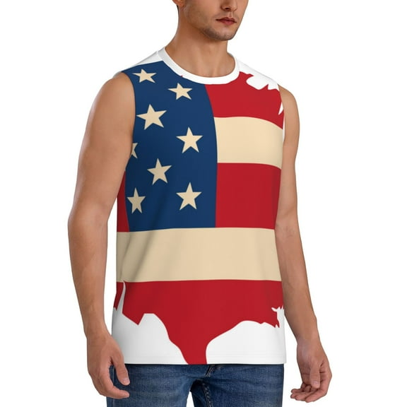 Fotbe Men's American Flag Map Print Men's Sleeveless Muscle Tank Tops Casual T-Shirts for Gym Workout Beach-Medium