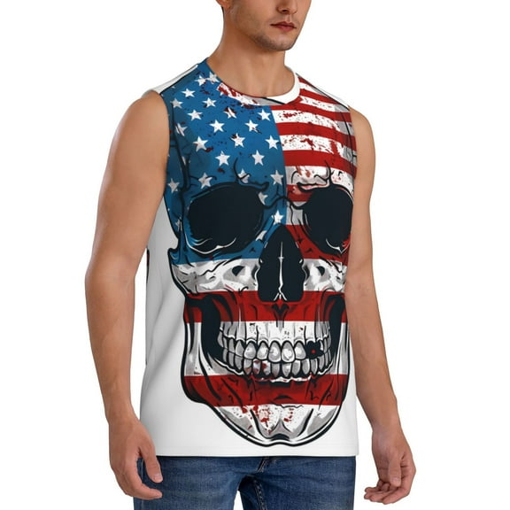 Fotbe Men's American Flag Skull Print Men's Sleeveless Muscle Tank Tops Casual T-Shirts for Gym Workout Beach-Medium
