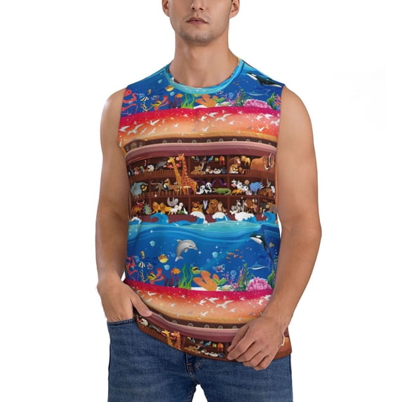 Fotbe Men's Animals On Noah's Ark2 Print Men's Sleeveless Muscle Tank Tops Casual T-Shirts for Gym Workout Beach-XX-Large