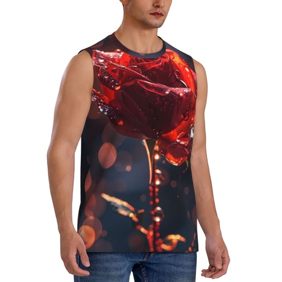 Fotbe Men's Artistic Dewdrop Rose Print Men's Sleeveless Muscle Tank Tops Casual T-Shirts for Gym Workout Beach-Large