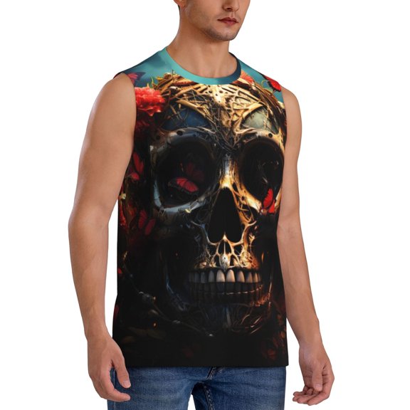 Fotbe Men's Artistic Flower Butterfly Skull Print Men's Sleeveless Muscle Tank Tops Casual T-Shirts for Gym Workout Beach-Medium