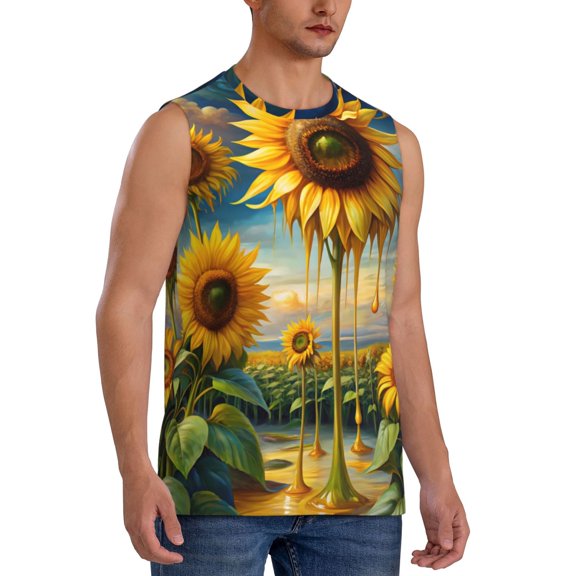 Fotbe Men's Artistic Oil Painting Sunflower Print Men's Sleeveless Muscle Tank Tops Casual T-Shirts for Gym Workout Beach-Medium