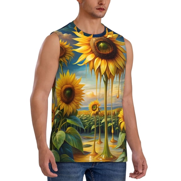 Fotbe Men's Artistic Oil Painting Sunflower Print Men's Sleeveless Muscle Tank Tops Casual T-Shirts for Gym Workout Beach-XX-Large
