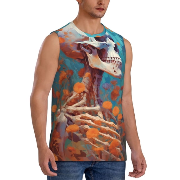 Fotbe Men's Artistic Orange Carnation Skull Print Men's Sleeveless Muscle Tank Tops Casual T-Shirts for Gym Workout Beach-3X-Large