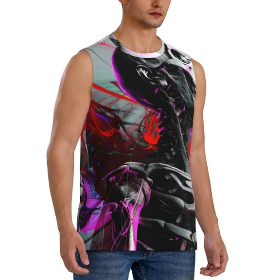 Fotbe Men's Artistic Skull Print Men's Sleeveless Muscle Tank Tops Casual T-Shirts for Gym Workout Beach-Small
