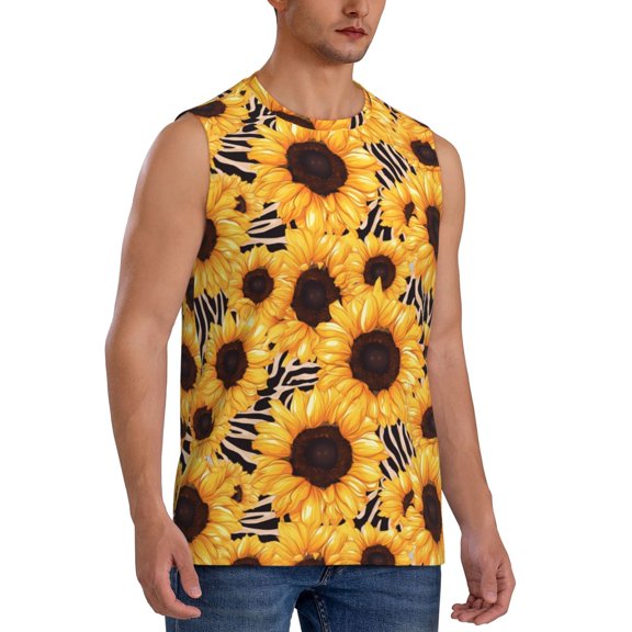 Fotbe Men's Artistic Zebra Print Sunflower Print Men's Sleeveless Muscle Tank Tops Casual T-Shirts for Gym Workout Beach-Small
