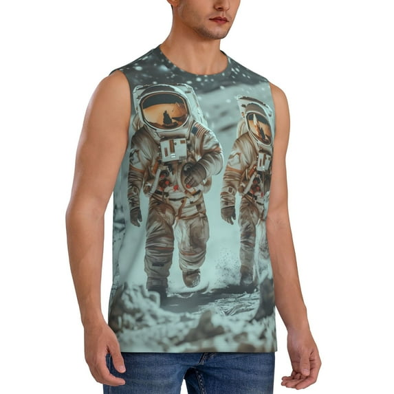 Fotbe Men's Astronauts On Lunar Mission Print Men's Sleeveless Muscle Tank Tops Casual T-Shirts for Gym Workout Beach-XX-Large