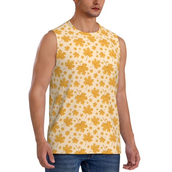 Fotbe Men's Autumn Fall Yellow Leaves Print Men's Sleeveless Muscle Tank Tops Casual T-Shirts for Gym Workout Beach-3X-Large