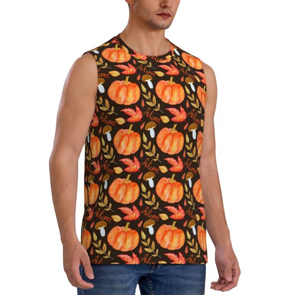 Fotbe Men's Autumn Pumpkin Print Men's Sleeveless Muscle Tank Tops Casual T-Shirts for Gym Workout Beach-Medium