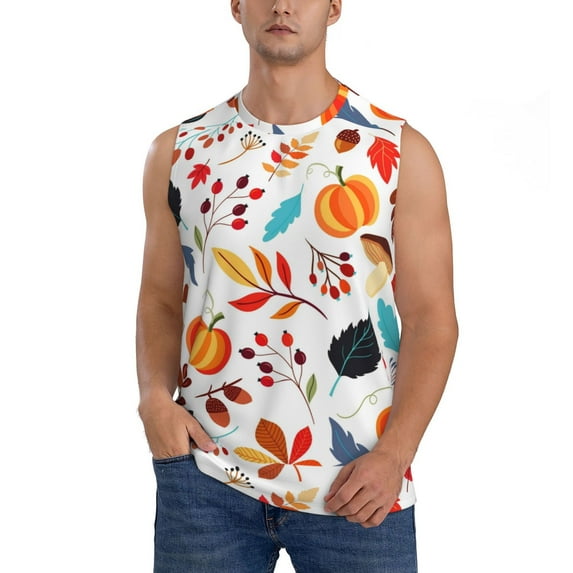 Fotbe Men's Autumn Pumpkins Fall Leaves Print Men's Sleeveless Muscle Tank Tops Casual T-Shirts for Gym Workout Beach-Large