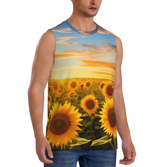 Fotbe Men's Beautiful Golden Sunflower Field Print Men's Sleeveless Muscle Tank Tops Casual T-Shirts for Gym Workout Beach-Small