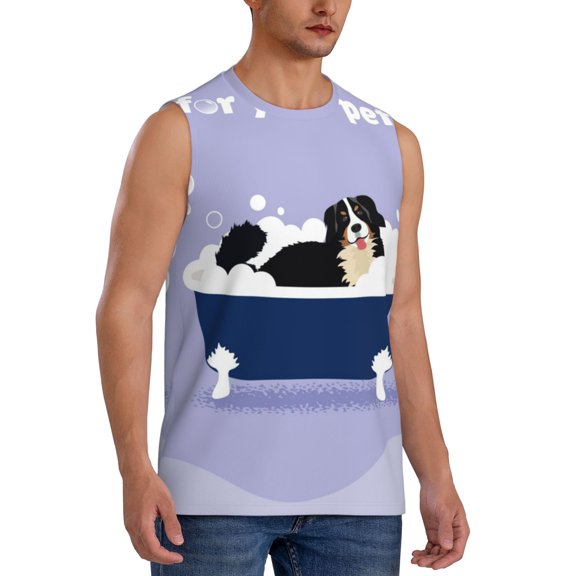 Fotbe Men's Bernese Mountain Dog Sitting Bath Tub Print Men's Sleeveless Muscle Tank Tops Casual T-Shirts for Gym Workout Beach-Medium