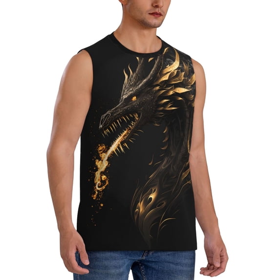 Fotbe Men's Black And Gold Fire Dragon Print Men's Sleeveless Muscle Tank Tops Casual T-Shirts for Gym Workout Beach-Medium