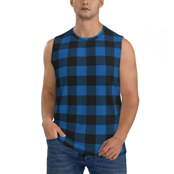 Fotbe Men's Blue Black Plaid Print Men's Sleeveless Muscle Tank Tops Casual T-Shirts for Gym Workout Beach-Small