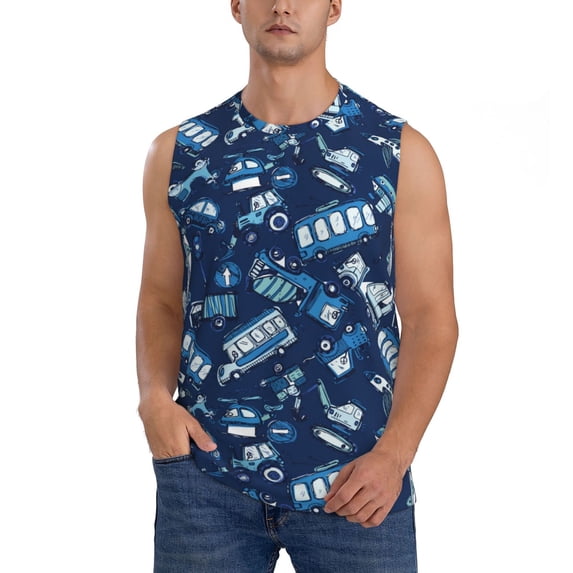 Fotbe Men's Blue Bus Print Men's Sleeveless Muscle Tank Tops Casual T-Shirts for Gym Workout Beach-XX-Large