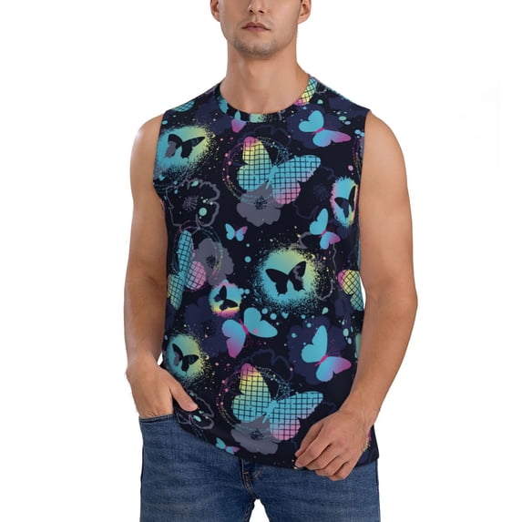 Fotbe Men's Blue Butterfly Print Men's Sleeveless Muscle Tank Tops Casual T-Shirts for Gym Workout Beach-Small