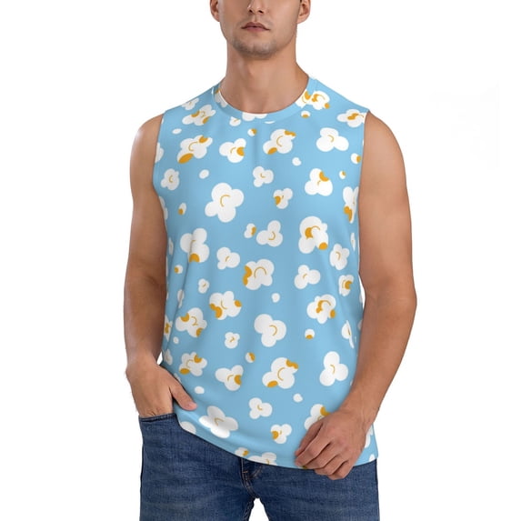 Fotbe Men's Blue Popcorn Print Men's Sleeveless Muscle Tank Tops Casual T-Shirts for Gym Workout Beach-X-Large