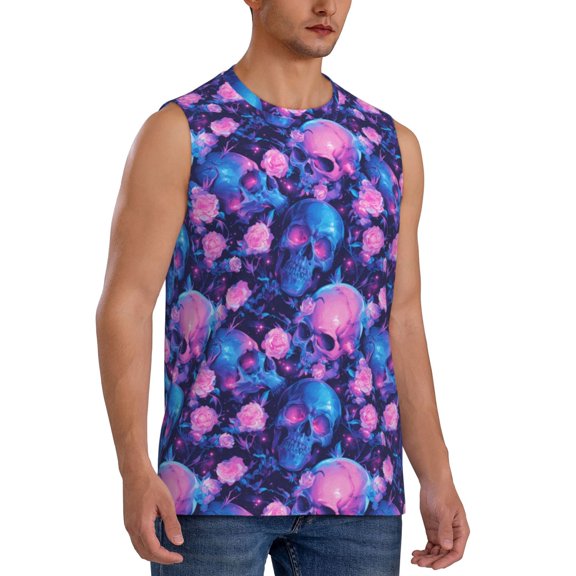 Fotbe Men's Blue Skull Rose Print Men's Sleeveless Muscle Tank Tops Casual T-Shirts for Gym Workout Beach-Small