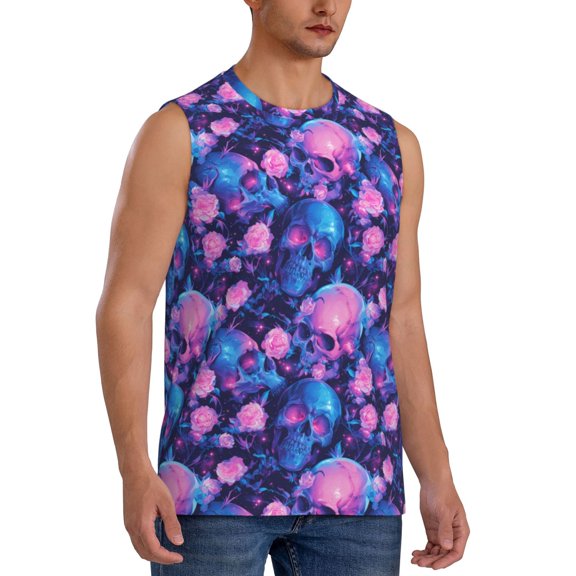 Fotbe Men's Blue Skull Rose Print Men's Sleeveless Muscle Tank Tops Casual T-Shirts for Gym Workout Beach-X-Large