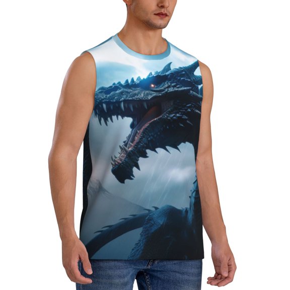 Fotbe Men's Blue Thunder Storm Dragon Print Men's Sleeveless Muscle Tank Tops Casual T-Shirts for Gym Workout Beach-XX-Large
