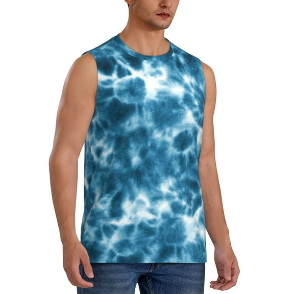 Fotbe Men's Blue Tie Dye Print Men's Sleeveless Muscle Tank Tops Casual T-Shirts for Gym Workout Beach-Medium