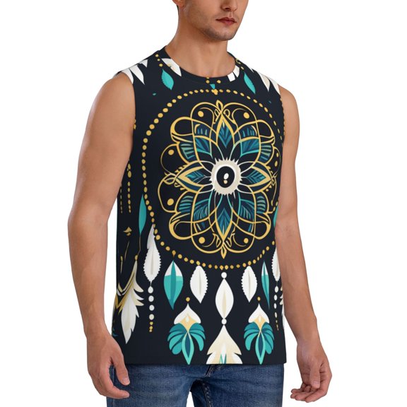 Fotbe Men's Boho Dreamcatcher Print Men's Sleeveless Muscle Tank Tops Casual T-Shirts for Gym Workout Beach-X-Large